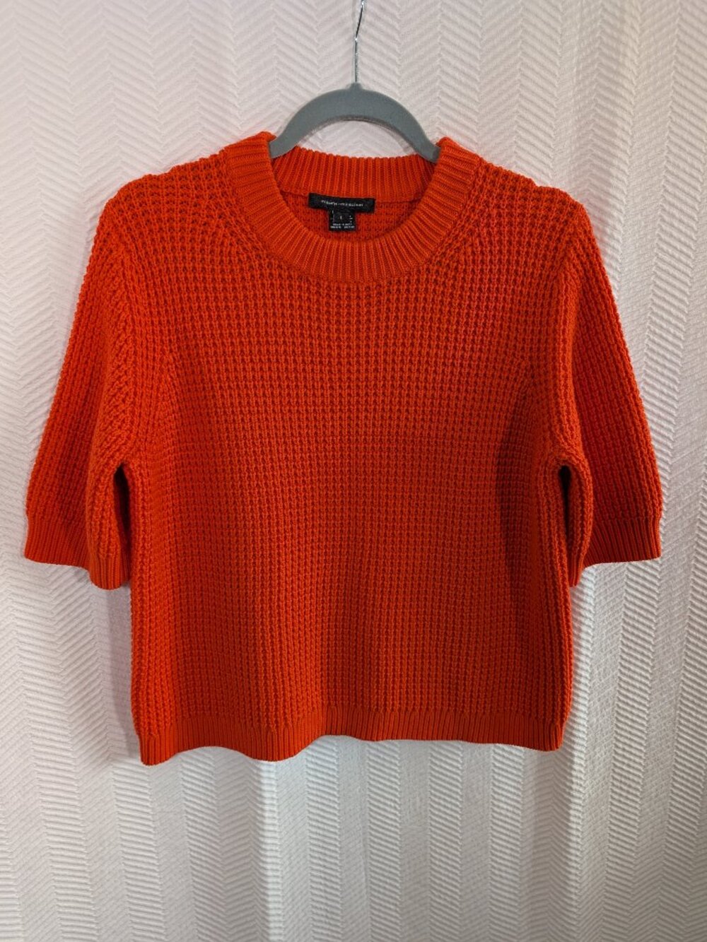 French Connection Short Sleeve Sweater Orange Chunky Waffle Knit Cotton Large
